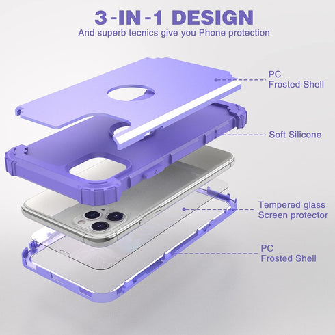 IDweel for iPhone 11 Pro Max Case with Tempered Glass, Hybrid 3 in 1 Shockproof Slim Heavy Duty Protection, Purple