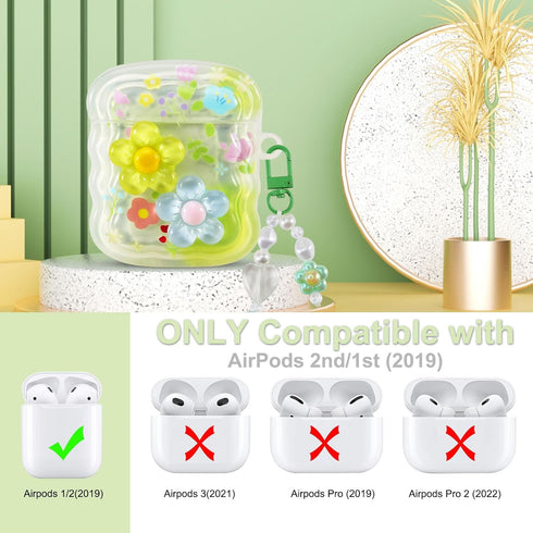 for AirPods Case with Cleaner Kit, Cute 3D Curly Wave Frame Flowers Design Preppy Fashion with Keychain, Soft TPU