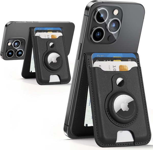 HiWe MagSafe Wallet Stand with Airtag Holder, Strong Magnetic Card Holder for iPhone 16/15/14/13/12, Vegan Leather,