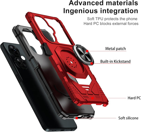 Ailiber OnePlus Nord N30 Case - Military Grade Shockproof Cover with Tempered Glass, Ring Kickstand, Red.