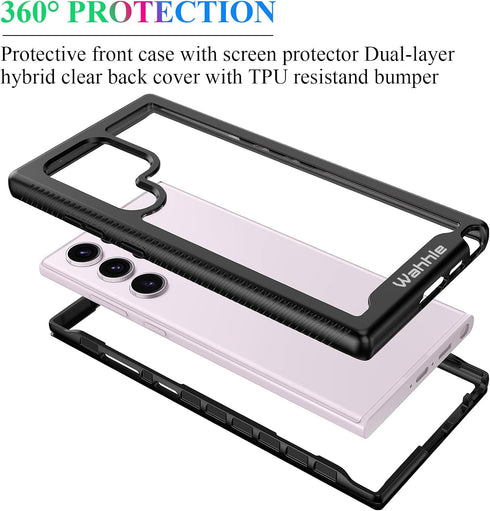 wahhle Samsung Galaxy S23 Ultra Case, Built-in Screen Protector, Full Body Shockproof Slim Fit Bumper Cover, Black/Clear