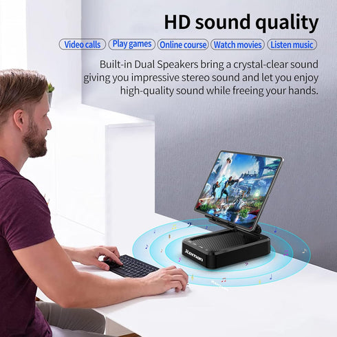 JTEMAN Tablet Stand Adjustable with Bluetooth Speakers - Kitchen Gadgets, Wireless Speaker Tablet Holder, Desk Mic
