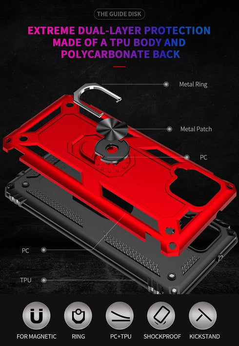 Case for Samsung Galaxy A42 5G with HD Screen Protectors, Military-Grade Metal Ring Holder Kickstand, 15ft Drop Tested