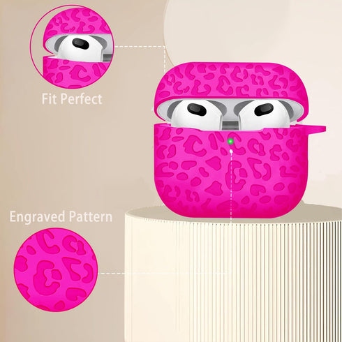 AirPod Case 3rd Generation Cover with Keychain, Leopard Engraved Skin Soft Cover for Full Protection, Hot Pink