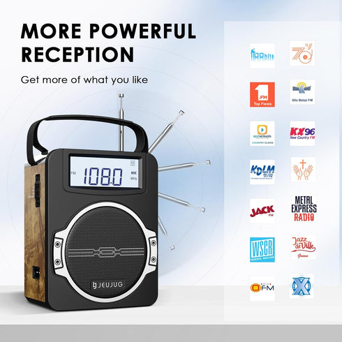 Radio Portable AM FM Digital Clock Radio with Bluetooth, 5 Watts Loud Speaker, Rechargeable, Best Reception for Home