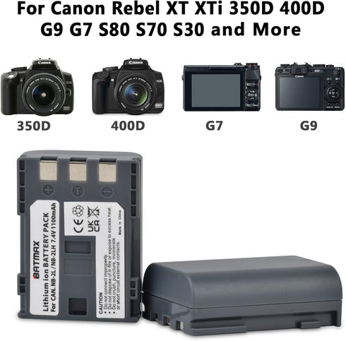 Batmax 2Pcs NB-2L NB-2LH Battery + Built-in USB LED Charger for Canon PowerShot G7 G9 S80 S70 S60 S50 S45 S40 S30, Canon DC410 DC420 EOS 350D 400D Digital Rebel XT XTi, VIXIA HF R10