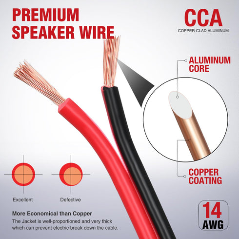 Nilight 100FT 14AWG Copper Clad Aluminum Wire, 14/2 Gauge Red Black CCA Electrical Cable for 12V/24V DC