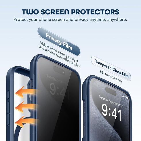 TIESZEN iPhone 15 Pro Max Case - Dark Blue, Dustproof, MagSafe Compatible, 9H Tempered Glass & Privacy Screen