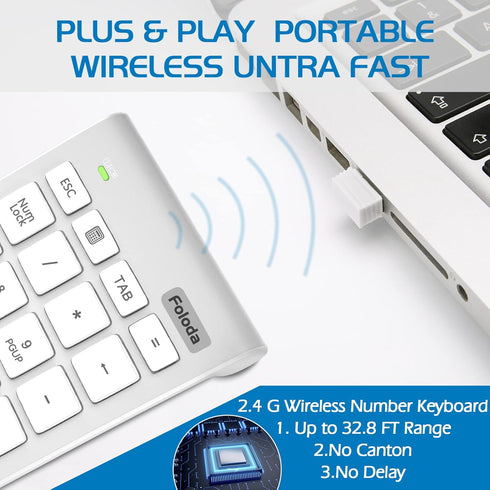 Foloda Wireless Number Pad, Portable 2.4Ghz USB 10 Keys Financial Accounting Numeric Keypad for Laptop, PC