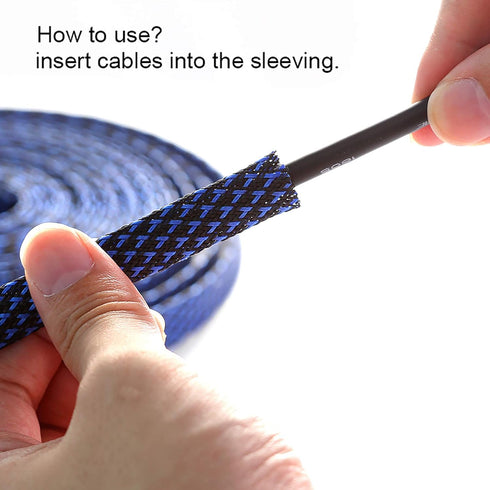 25ft PET Expandable Braided Sleeving, 1 inch, BlackBlue, Alex Tech Braided Cable Sleeve
