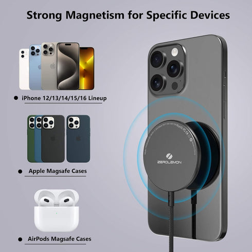 ZEROLEMON Magnetic Wireless Charger 10ft, Fast Charging Pad with Extra Long Braided Cable, MagSafe Compatible for