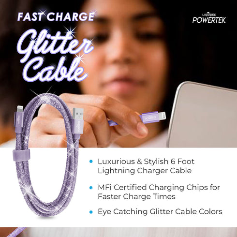LIQUIPEL Powertek Glitter MFi Certified 6ft Lightning to USB Cable, Fast Charging for Apple iPhone, iPad, Purple