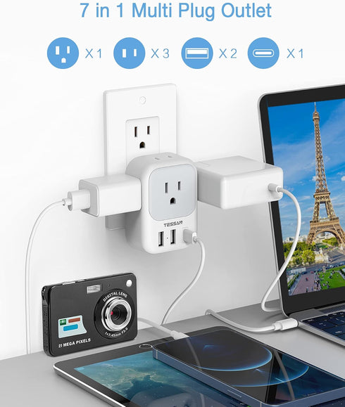USB Wall Charger, TESSAN Wall Plug Adapter Outlet Extender, Multi Charging Station for Cruise, Office, Dorm