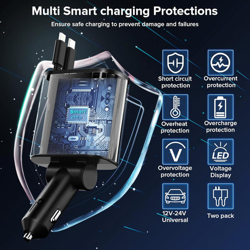 Retractable Car Charger, 60W Fast Charge with 1x Retractable Cable, 1x Type-C Cable, 2X USB Ports for iPhone Galaxy