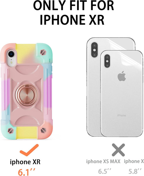 iPhone XR Case 6.1 Inch with Ring Stand, 2 Pack Glass Screen Protector, Heavy-Duty Shockproof Rugged Military Grade