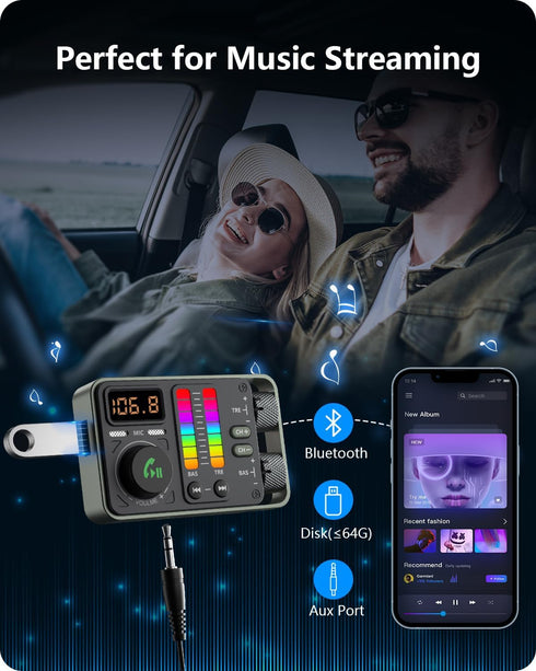 LENCENT Bluetooth 5.3 Car FM Transmitter, Dual Mics for Hands-Free Call, Hi-Fi Treble & Bass Music Player, PD20W QC18W