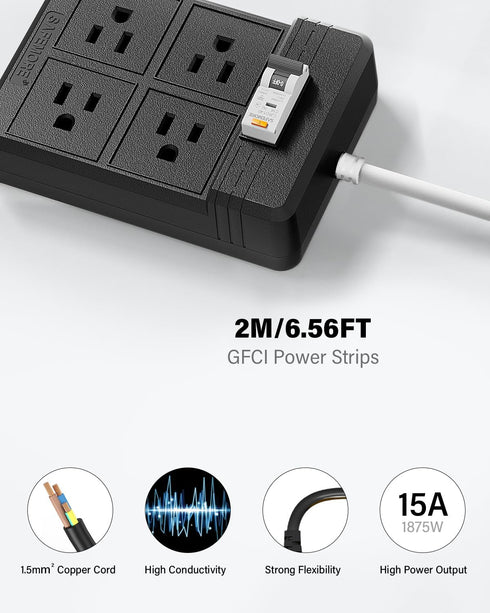 Extension Cord with 4 Gang Sockets, GFCI Power Strip, 15A Grounded 6.56FT Heavy Duty Cable for Outdoor