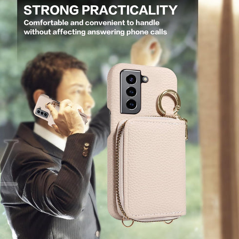 Furiet Wallet Case for Samsung Galaxy S21 5G, Shoulder Strap Ring Buckle, Luxury PU Leather Zipper Flip Organ Purse