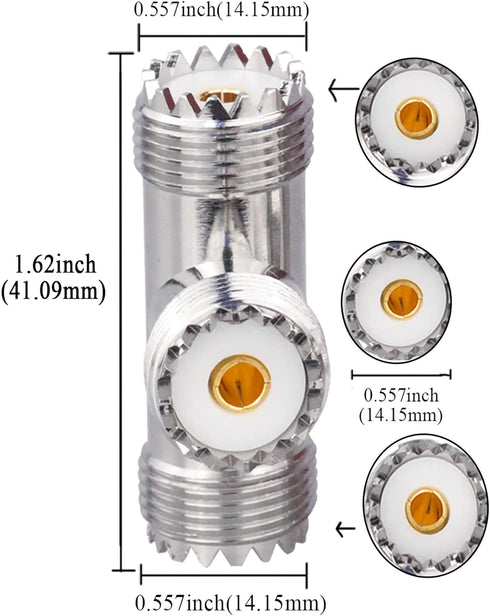 UHF Triple Tee Connector UHF Female to Dual UHF Female 3 Way Splitter Coax Adapter PL259 SO239 T Shape Adapter, 2 Pack