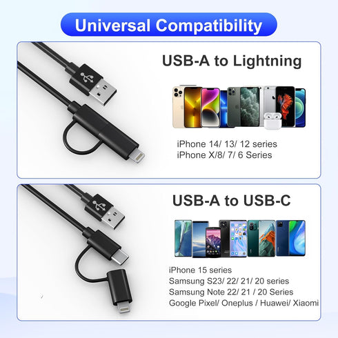 USB to USB-C and Lightning Cable Combo 2 in 1 Coiled Cable for Apple Carplay & Android Auto [MFi & 3A Fast Charge &
