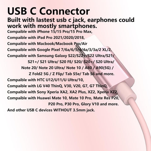 USB C Earbuds Rose Gold, Type C in Ear Headphones Wired, Stereo Bass Pink Earphones with Microphone and Volume Control