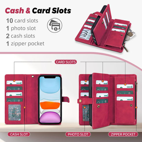 TwoHead 11 for iPhone Wallet Case with Card Holder & Detachable Magnetic Phone Case, PU Leather Wallet with Wrist Strap