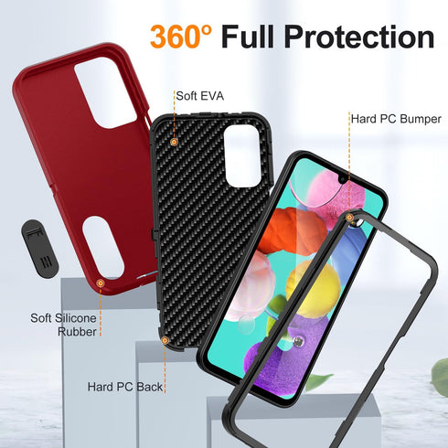 Galaxy A15 5G Case with Kickstand, 3-Layer Military Grade Protective Cover, Shockproof Silicone - Red/Black