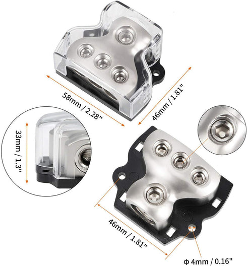 3 Way Power Distribution Block, 1x 0 Gauge In / 3X 4 Gauge Out, Amp Power Ground Distributor, 2 Pack