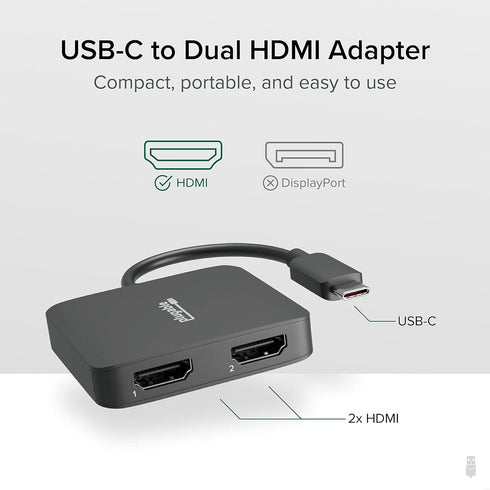 Plugable USB C to HDMI Adapter for Dual Monitors 4K 60Hz, Compatible with Windows, Chromebook, USB4 Laptops