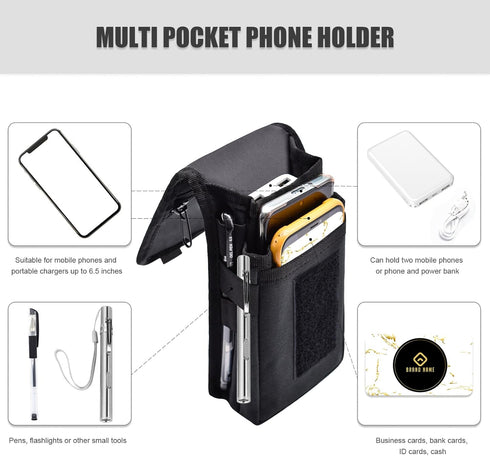 Dual Phone Holster, Large Smartphone Pouch Cell Phone Holder, Multi-Purpose Tactical Holder for Work, Hiking, Camping,