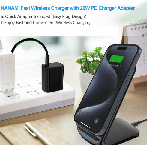 NANAMI Fast Wireless Charger, Qi Certified Charging Stand with QC3.0 Adapter for iPhone 15/14/13/12/SE 2020/11/XS Max,
