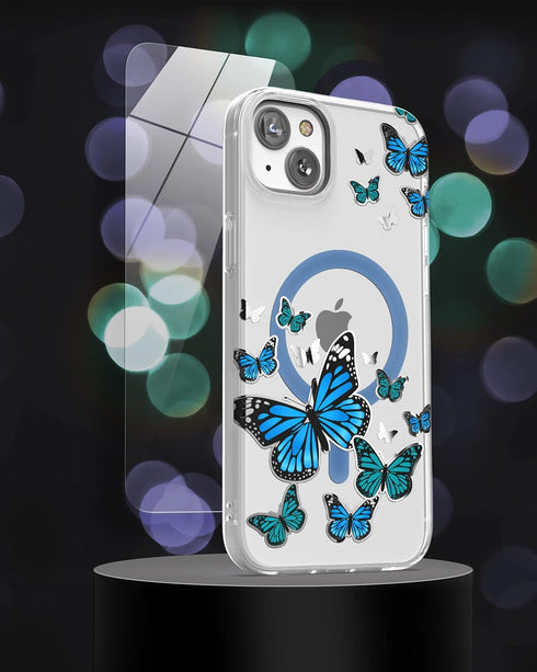 ENCASED Magnetic Case for iPhone 14 with Screen Protector - Compatible with MagSafe Accessories (Blue Butterfly)