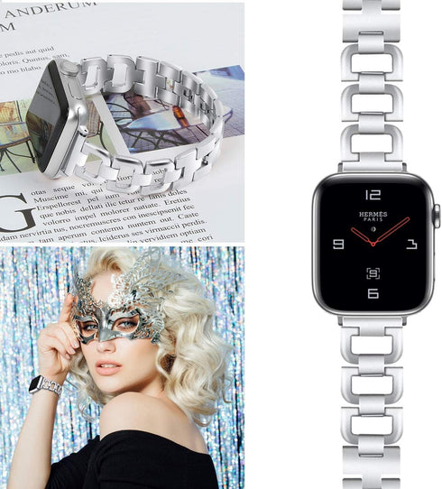 OULUCCI Stainless Steel Band for Apple Watch 38mm 40mm 41mm 42mm 44mm 45mm 46mm 49mm, Women D-Shape Sport Strap