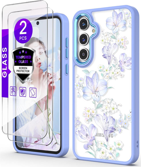 for Samsung Galaxy A35 5G Case - Girls Women Crystal Clear Flower Pattern Cover with Tempered Glass Screen Protector,