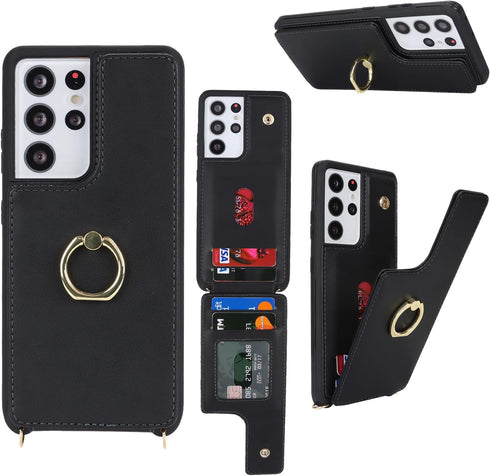 for Samsung Galaxy S21 Ultra Case with Card Holder and Strap for Women,Crossbody Lanyard,Ring Stand,Snap Clasp,Phone Wallet Cases 6.8 inch(Black)