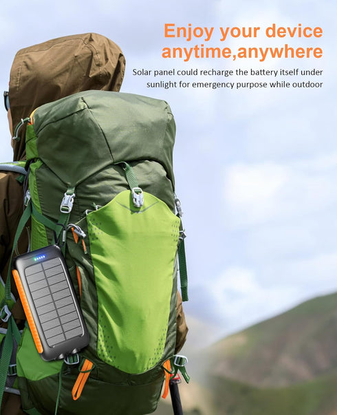 20000mAh Power Bank - Portable Solar Charger, External Battery Pack with Dual Built-in Super Bright Flashlight,