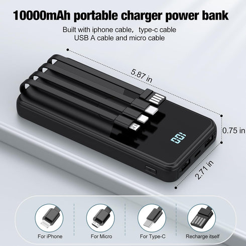 Portable Charger with Built-in Cables, High Speed Power Bank 10000mAh, 5 Outputs 3 Inputs for iPhone, Samsung, Tablets