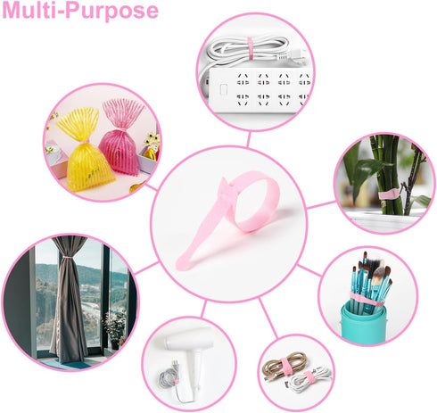110PCS Adjustable Reusable Cable Ties, 8 1/2" Multi-purpose Hook Loop for Home, Office, Data Centers, Pink