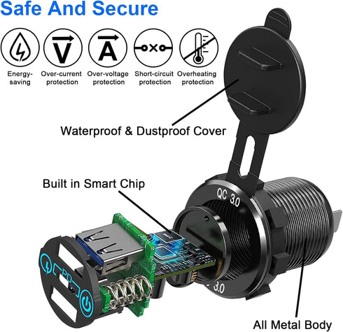 12V 60W USB C Car Charger Socket, 30W PD Type-C & Dual QC 3.0 USB Socket Port, Quick Charge Socket with Touch Switch
