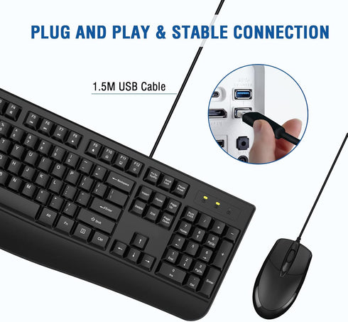 Wired Keyboard and Mouse Combo, EDJO Full-Sized Ergonomic Keyboard with Palm Rest and Optical Wired Mouse