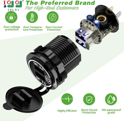 10L0L Golf Cart Quick Charge QC 3.0 Dual USB Charger Socket, 12V-24V USB Outlet for Yamaha EZGO Club Car