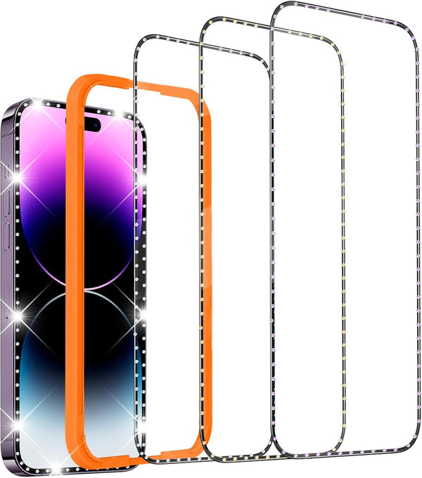 3 Pack Screen Protector with Diamonds for iPhone 15 Pro Max (6.7") Tempered Glass, Anti Scratch, Case Friendly