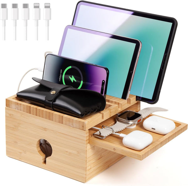 PERFECYEE Bamboo Charging Station for Multiple Devices, Desktop Charger Organizer with Small Tray,
