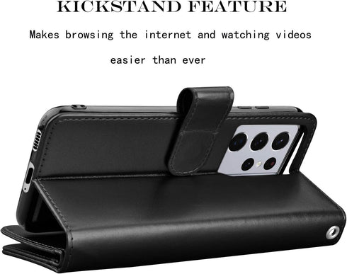 Njjex Wallet Case for Galaxy S21 5G - Black, 9 Card Slots, PU Leather, Detachable Kickstand, Magnetic Cover & Lanyard