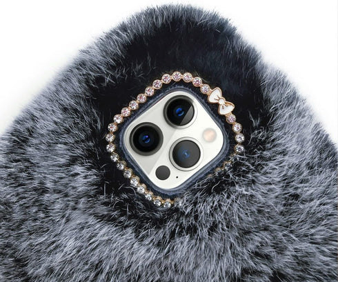 Cute Plush Case for iPhone 15 Pro by Losin - Dark Gray, Soft Fluffy Cover with Glitter Lanyard & Diamond Lens Protector.