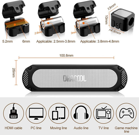 Magnetic Cable Holder 6 Slots Cable Clips Cable Management Wire Organizer Under Desk Self Adhesive Sticky for USB Cord Wall Nightstand Car Charging Power Office Home Wire Clips - Black
