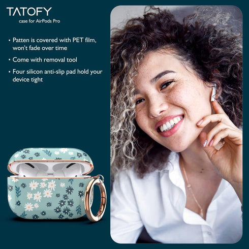 TATOFY Stylish Case Cover for AirPods Pro 2019, Flower Patterns Protective Hard Case for Women Girls with Clip (Cyan)