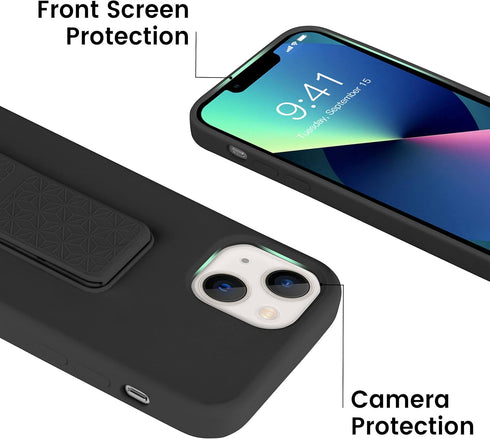 LAUDTEC Silicone Kickstand Case for iPhone 13, Vertical and Horizontal Stand, Soft Liquid Silicone, Black