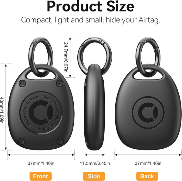 (4 Pack) AirTag Keychain Holder Case | IPX8 Waterproof, Ultra-Compact | Portable Air Tag Holder Cover for Dog Collar, Backpack, Keys, Luggage - Black