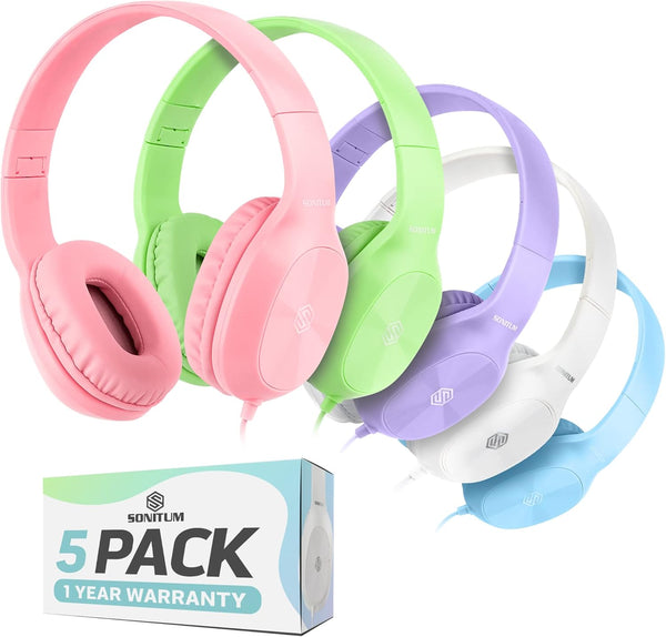 Sonitum Kids Headphones for School, Bulk Set 5-Pack On-Ear Wired Headphones for Schools & Libraries (Mixed Colors)
